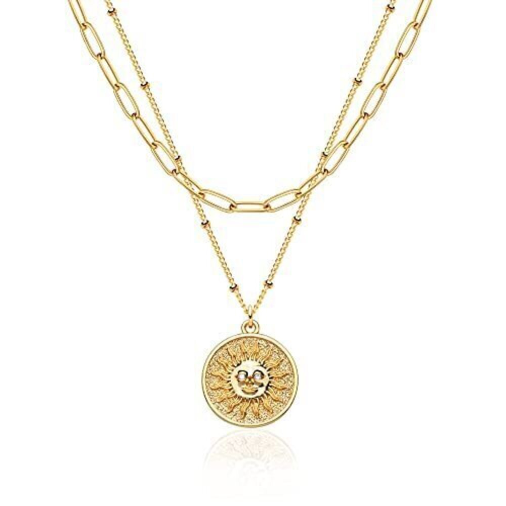 9003 Gold Layered Choker Necklace , 18K Gold Plated Dainty CZ Sun Face